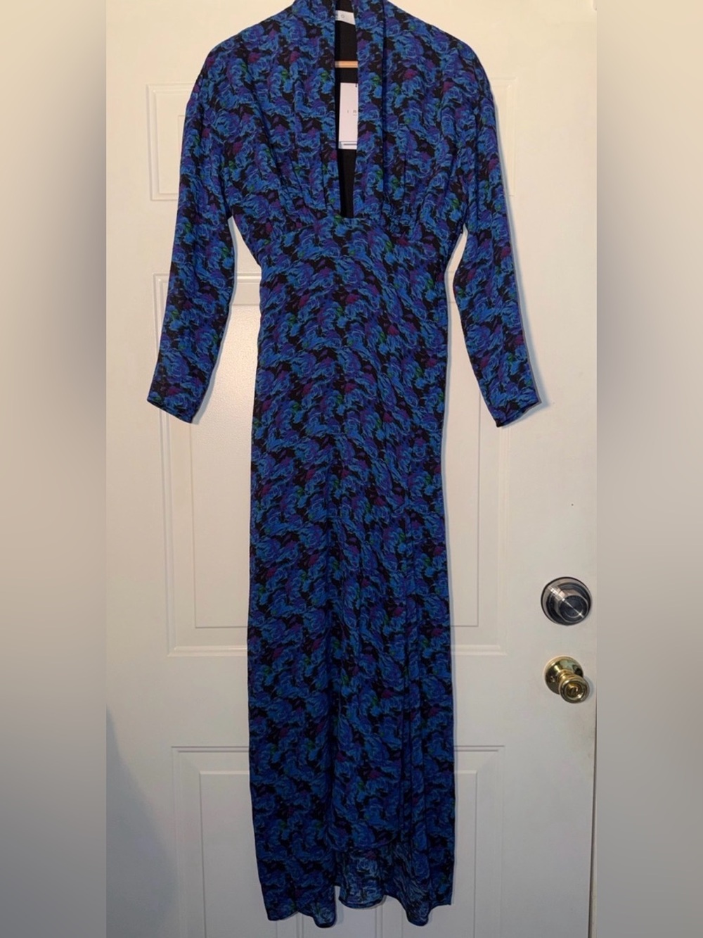 NWT IRO Paris Nollie Blue Black Abstract Print Long Sleeve Maxi Dress Size 2 XS